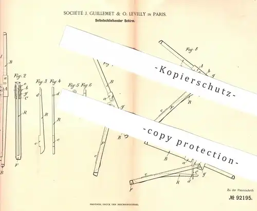 original Patent - Société J. Guillemet & O. Levilly , Paris , Frankreich  1896 , Selbstschließender Schirm | Regenschirm