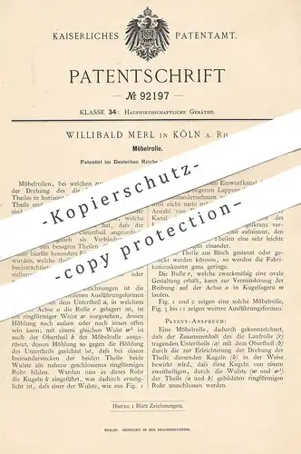 original Patent - Willibald Merl , Köln / Rhein , 1896 , Möbelrolle | Möbel - Rolle | Laufrolle | Möbelbauer , Tischler
