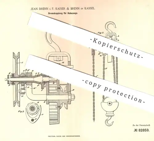 original Patent - Jean Brenn | Kaiser & Brenn , Kassel , 1894 , Bremskupplung für Hebezeug | Bremse , Kupplung , Seilzug
