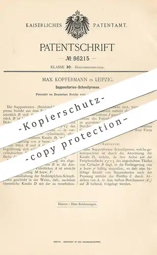 original Patent - Max Kopfermann , Leipzig , 1895 , Suppositorien - Schnellpresse | Presse , Gesundheit , Medizin , Arzt