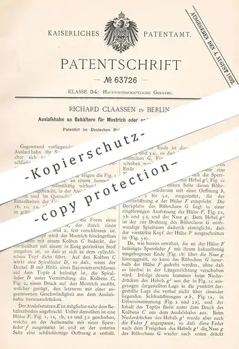 original Patent - Richard Claassen , Berlin , 1891 , Auslasshahn an Behältern für Mostrich | Senf , Zapfhahn , Fass !!!