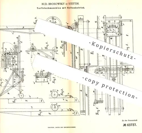 original Patent - Rud. Brosowsky , Stettin , 1890 , Torfstechmaschine mit Kettenbetrieb | Torf | Brennstoff | Torfmoor