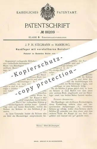 original Patent - J. P. H. Stegmann , Hamburg , 1895 , Handfeger mit stellbarem Borstenträger | Bürste , Besen , Borsten