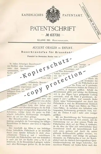 original Patent - August Oehler , Erfurt , 1891 , Dauerbrandofen für Braunkohlengas | Brandofen , Ofen , Öfen , Gas !!