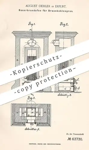 original Patent - August Oehler , Erfurt , 1891 , Dauerbrandofen für Braunkohlengas | Brandofen , Ofen , Öfen , Gas !!