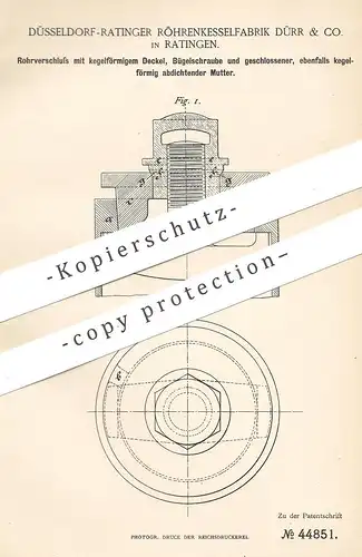 original Patent - Düsseldorf Ratinger Röhrenkesselfabrik Dürr & Co. , Ratingen , 1888 , Rohrverschluss | Kessel !!!