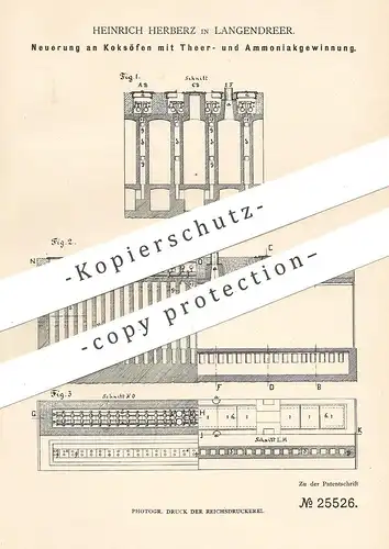 original Patent - Heinrich Herberz , Langendreer , 1883 , Koksofen mit Teer- u. Ammoniakgewinnung | Koks , Ofen , Kohle