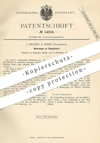 original Patent - J. Delord , Nimes , Frankreich 1880 , Saugeheber | Saugventil | Ventil , Zapfanlage , Bier - Ausschank
