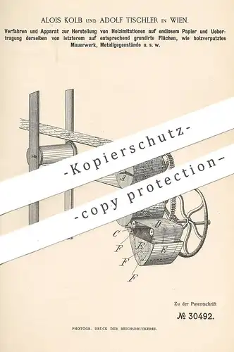 original Patent - Alois Kolb , Adolf Tischler , Wien , 1884 , Holzimitation auf Papier| Furnier | Holz , Tischlerei !!