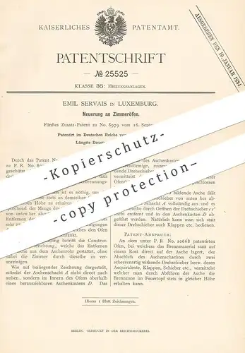 original Patent - Emil Servais , Luxemburg , 1883 , Zimmerofen | Ofen , Öfen , Ofenbauer , Heizung , Feuerung !!!