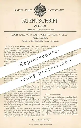 original Patent - Lewis Kalling , Baltimore , Maryland , USA , 1894 , Flaschenverschluss | Flaschen Verschluss | Flasche