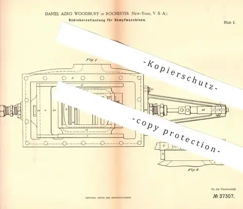 original Patent - Daniel Azro Woodbury , Rochester , New York , USA , 1885 , Schieberentlastung für Dampfmaschine !!!