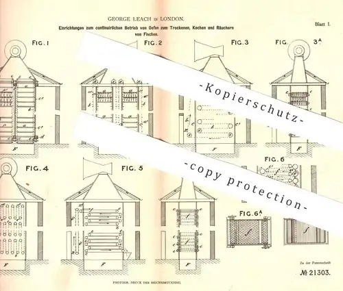 original Patent - George Leach , London , England , 1882 , Ofen zum Trocknen , Kochen , Räuchern von Fisch | Ofenbauer