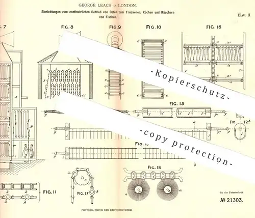 original Patent - George Leach , London , England , 1882 , Ofen zum Trocknen , Kochen , Räuchern von Fisch | Ofenbauer