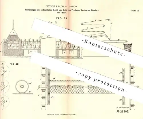 original Patent - George Leach , London , England , 1882 , Ofen zum Trocknen , Kochen , Räuchern von Fisch | Ofenbauer