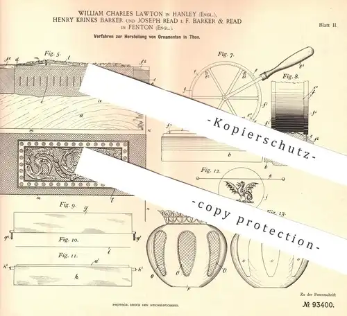 original Patent - William Charles Lawton , Hanley | Henry Krinks Barker | Joseph Read , Fenton , England , Ton Ornamente