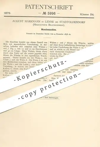 original Patent - August Markmann , Lenne / Stadtoldendorf , Braunschweig , Höxter , Hannover , 1878 , Waschmaschine