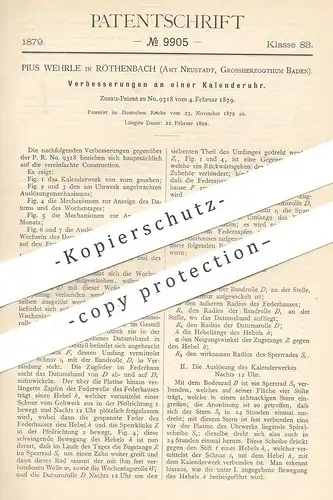 original Patent - Pius Wehrle , Röthenbach , Neustadt, Großherzogtum Baden , Nürnberg 1879 ,  Kalenderuhr , Kalender Uhr