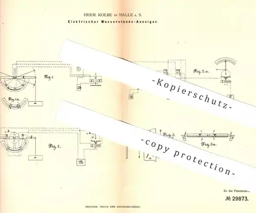 original Patent - Herm. Kolbe , Halle / Saale , 1884 , Elektrischer Wasserstandsanzeiger | Dampfkessel | Kessel !!!