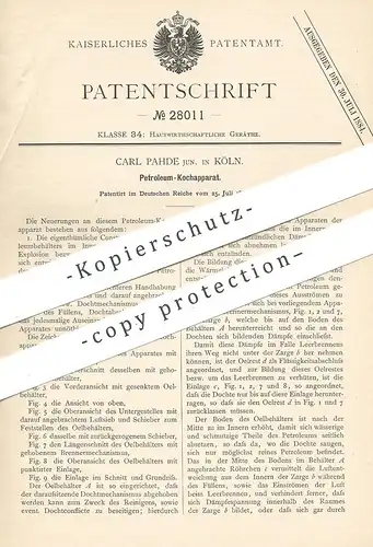 original Patent - Carl Pahde , Köln / Rhein , Petroleum Kochapparat | Kocher , Kochherd , Herd , Ofen , Öl , Brenner !