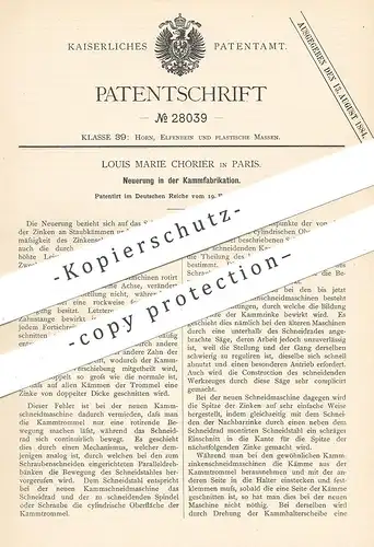 original Patent - Louis Marie Chorier , Paris , Frankreich , 1884 , Kammfabrikation | Kamm , Kämme , Frisur , Haare !!!