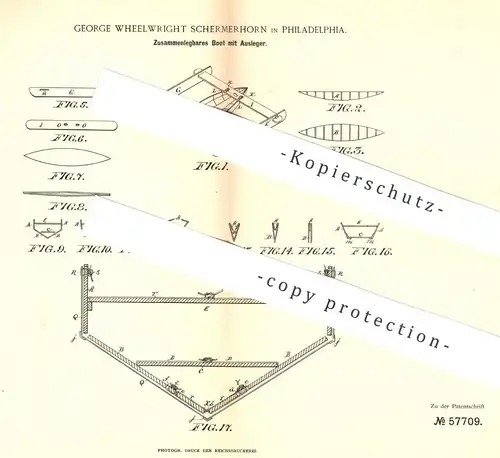 original Patent - George Wheelwright Schermerhorn , Philadelphia , 1890 , Zusammenlegbares Boot mit Ausleger | Boote !!!