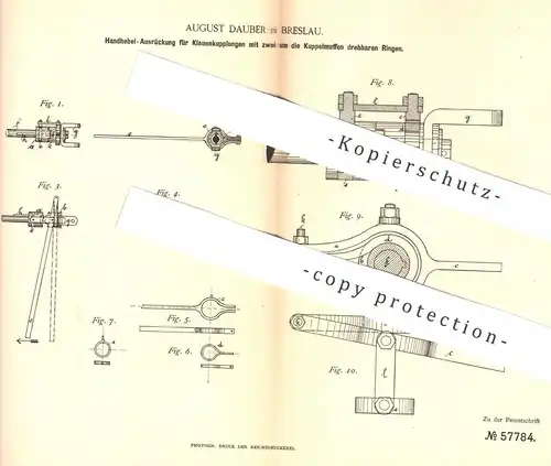 original Patent - August Dauber , Breslau , 1890 , Handhebel - Ausrückung für Klauenkupplungen | Kupplung , Kupplungen !