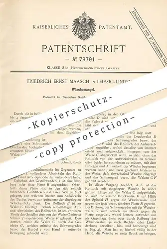 original Patent - Friedrich Ernst Maasch , Leipzig / Lindenau , 1893 , Wäschemangel | Wäsche - Mangel | Wäscherei !!!