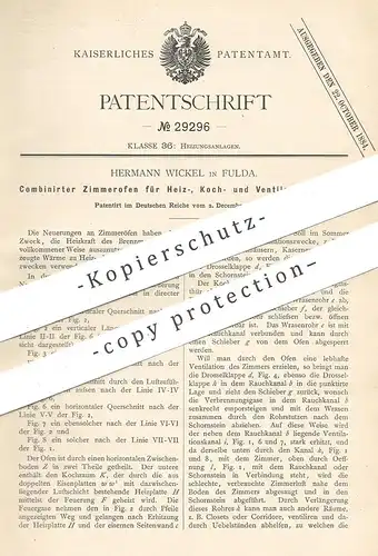 original Patent - Hermann Wickel , Fulda , 1883 , Zimmerofen zum Kochen , Heizen , Ventilation | Ofen , Kochofen , Herd