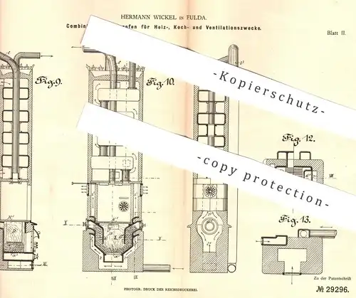 original Patent - Hermann Wickel , Fulda , 1883 , Zimmerofen zum Kochen , Heizen , Ventilation | Ofen , Kochofen , Herd