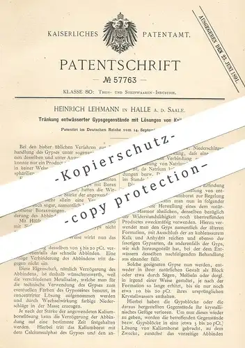 original Patent - Heinrich Lehmann , Halle / Saale , 1890 , Tränkung entwässerter Gipsgegenstände von Kaliumborat