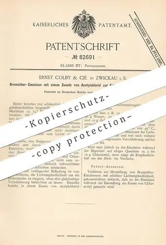 original Patent - Ernst Colby & Cie. , Zwickau , 1895 , Bromsilber-Emulsion mit Zusatz von Acetylchlorid | Photgraphie !