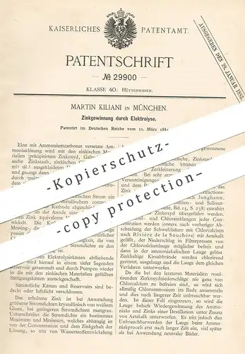 original Patent - Martin Kiliani , München , 1884 , Zinkgewinnung durch Elektrolyse | Zink | Rivière de la Souchère !!!