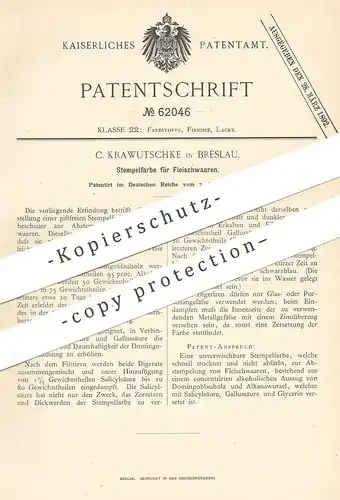 original Patent - C. Krawutschke , Breslau | giftfreie Stempelfarbe für Fleisch | Stempel - Farbe | Fleischbeschauer