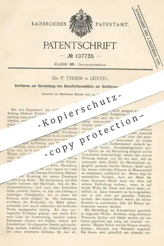 original Patent - Dr. P. Thimm , Leipzig  1899 , Desinfektionsmittel - Herstellung zur Einführung in Körperhöhlen | Arzt
