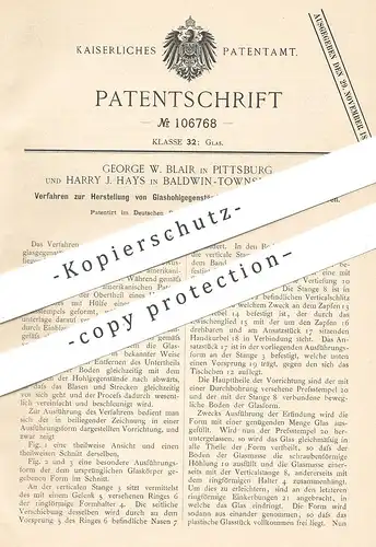 original Patent - George W. Blair , Pittsburg , Harry J. Hays , Baldwin Township , USA , Glashohlkörper | Glas - Röhren
