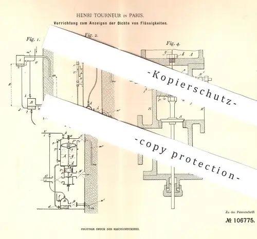 original Patent - Henri Tourneur , Paris , Frankreich , 1898 , Anzeigen der Dichte von Flüssigkeiten | Zuckerfabrik !!!