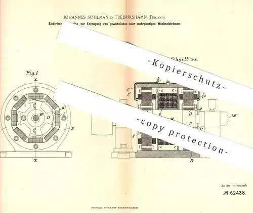 original Patent - Johannes Sohlman , Frederikshamn , Finnland , 1891 , Maschine zur Erzeugung von Wechselstrom | Strom