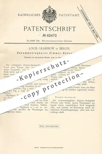 original Patent - Louis Grambow , Berlin , 1891 , Zusammenlegbare Zimmer - Badewanne | Badestuhl , Wanne , Baden !!!