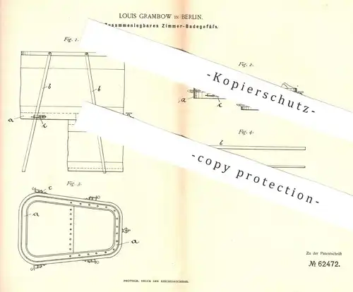 original Patent - Louis Grambow , Berlin , 1891 , Zusammenlegbare Zimmer - Badewanne | Badestuhl , Wanne , Baden !!!