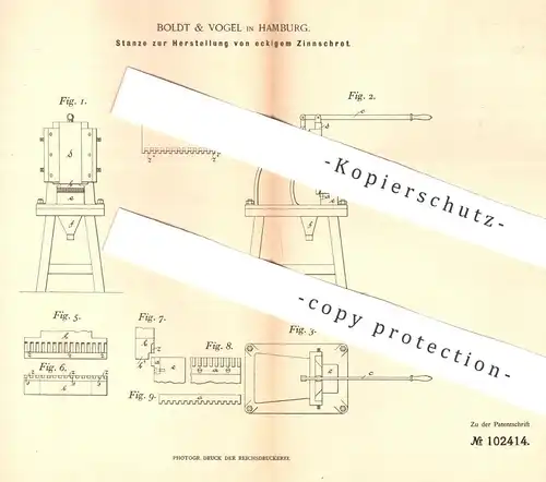 original Patent - Boldt & Vogel , Hamburg , 1898 , Stanze zur Herst. von eckigem Zinnschrot | Metall , Zinn | Flaschen