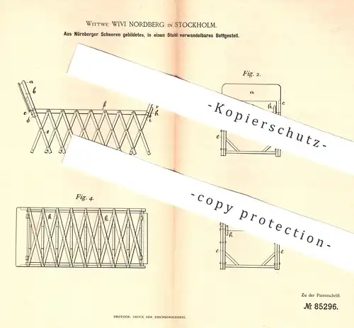 original Patent - Wivi Nordberg , Stockholm , Schweden , 1895 , Bett & Stuhl aus Nürnberger Scheren | Möbel , Möbelbauer