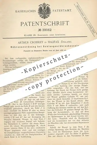original Patent - Arthur Crossley , Halifax , England , 1886 , Röhrenanordnung beim Schlangenröhrenkessel | Damfkessel !
