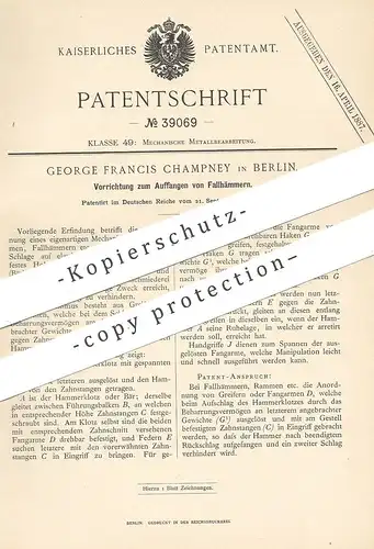 original Patent - George Francis Champney , Berlin , 1886 , Fallhammer auffangen | Hammer , Amboss , Metall | Schmied !!