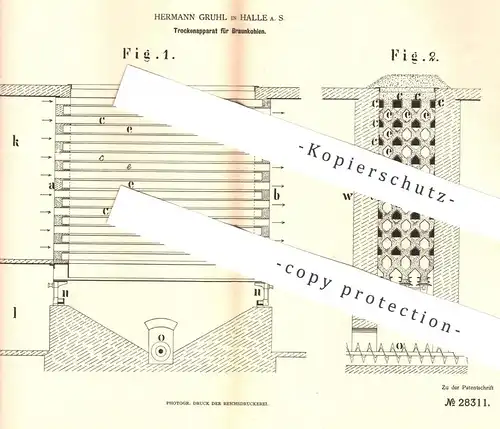 original Patent - Hermann Gruhl , Halle / Saale , 1883 ,  Trockenapparat für Braunkohle | Kohlen , Kohlen , Brikett !!!