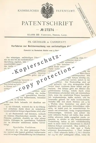 original Patent - Fr. Grässler , Canstatt / Stuttgart , 1883 , Nutzbarmachung von anilinhaltigem Abfallwasser | Anilin !