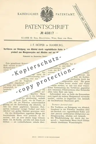 original Patent - J. F. Höper , Hamburg , 1887 , Reinigung von Alkohol durch vegetablilische Kohle | Alkali | Chemie