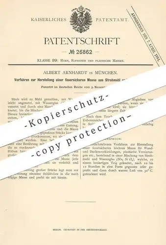 original Patent - Albert Arnhardt , München , 1883 , feuersichere Masse aus Strohmehl und Wasserglas | Putz , Maurer !!