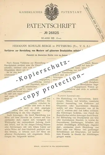 original Patent - Hermann Schulze Berge , Pittsburg , USA 1883 , Muster auf Glas - Druckplatten durch Flusssäureätzung