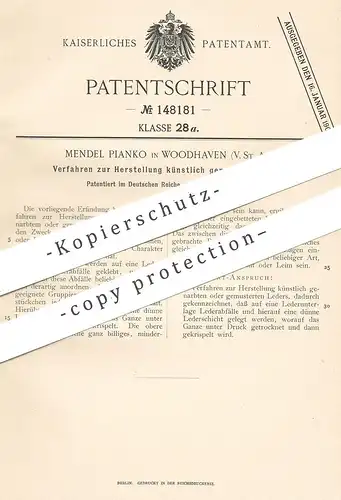 original Patent - Mendel Pianko , Woodhaven , USA , 1902 , künstlich genarbtes Leder | Gerber , Gerberei | Kunstleder !!